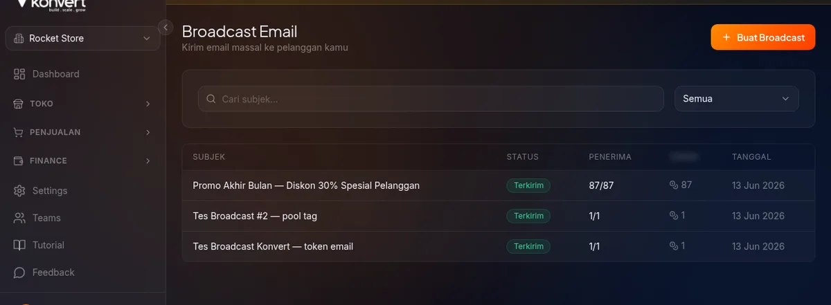 tabel daftar broadcast setelah kirim — baris kampanye baru dengan status "Terkirim", kolom penerima dan token terisi