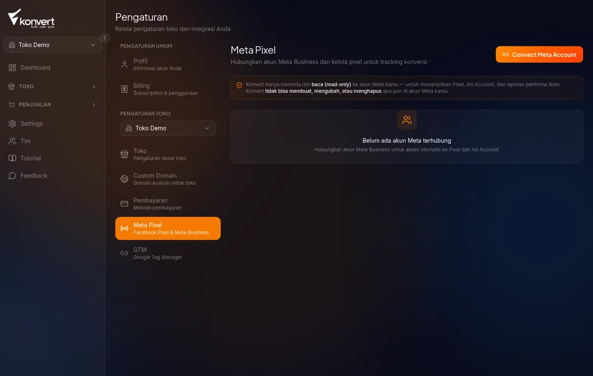 Sidebar settings terbuka menu navigasi memperlihatkan item meta pixel dan gtm