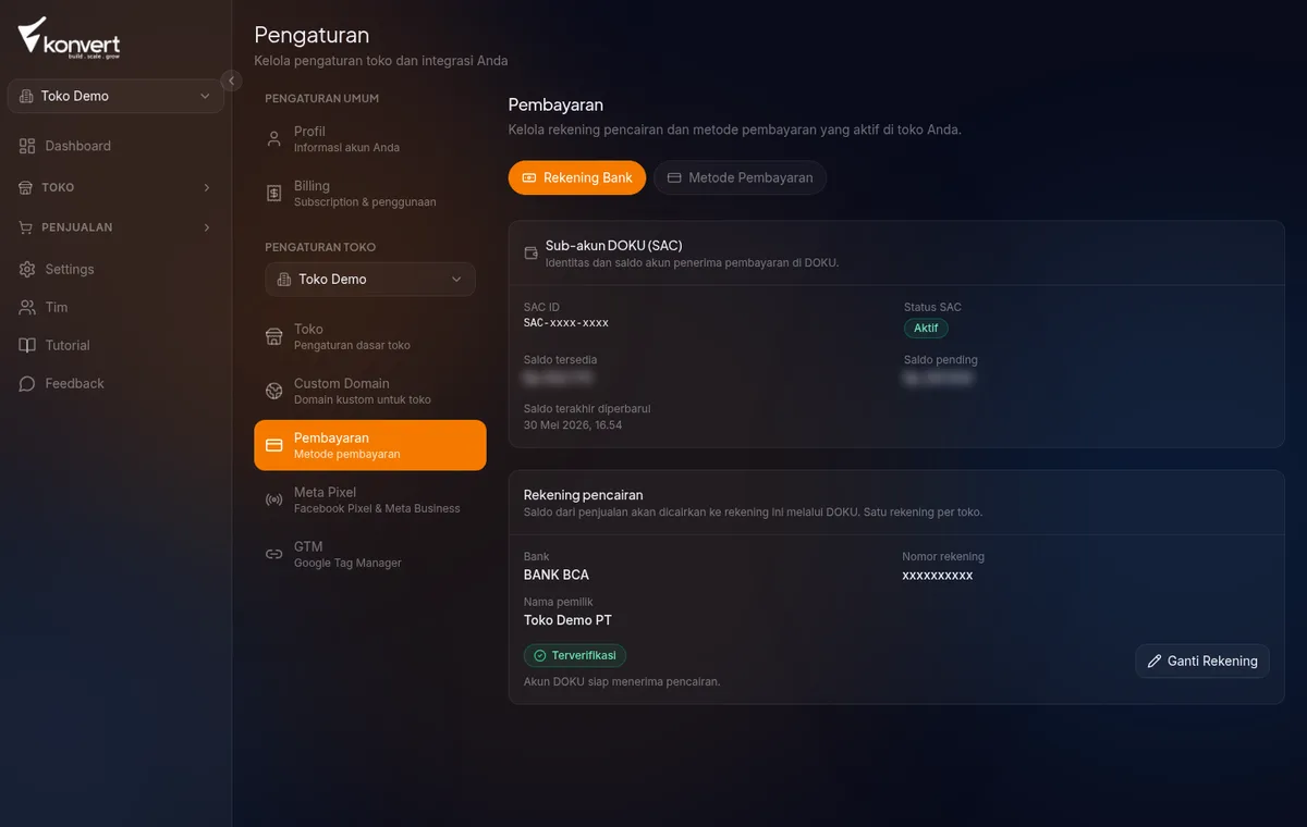 bagian Metode Pembayaran di /settings/payment — tombol Ganti Kartu terlihat
