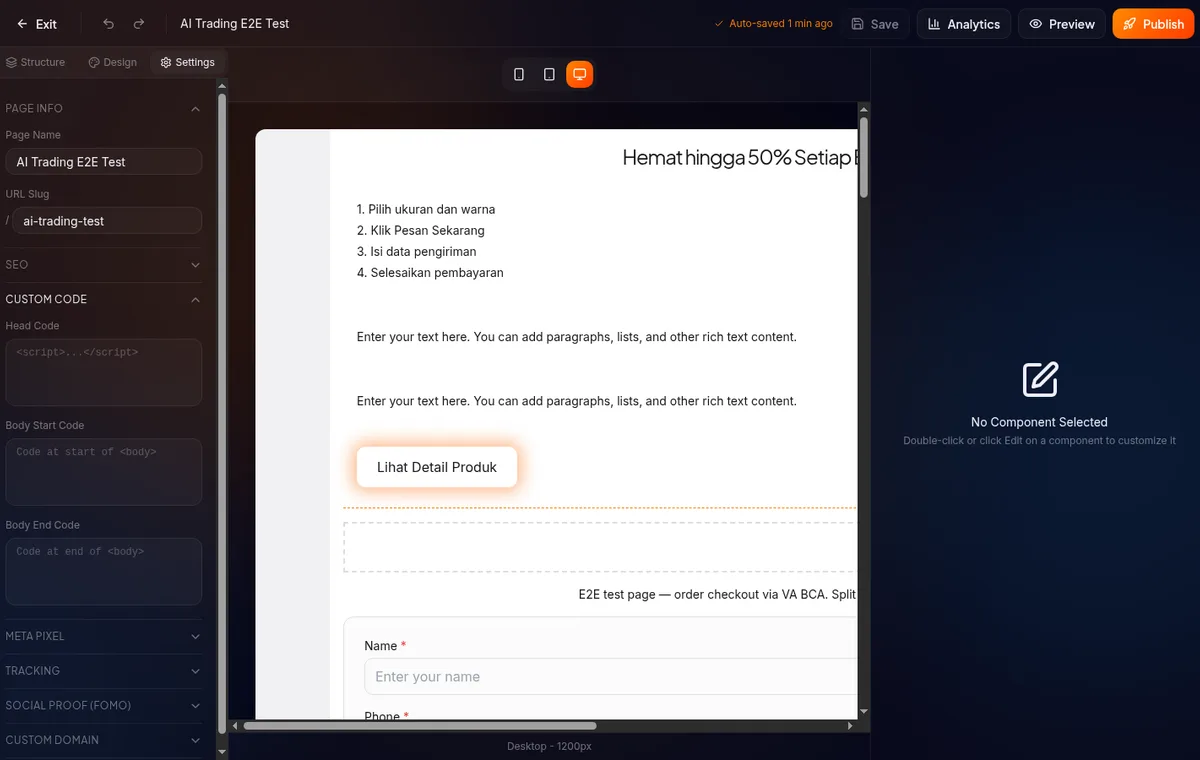 Page Settings → Custom Code → Head — field untuk paste meta-tag