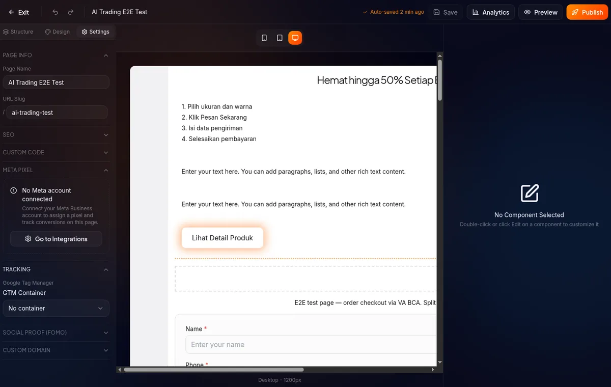 section Meta Pixel di builder — tombol Go to Integrations untuk konfigurasi pixel