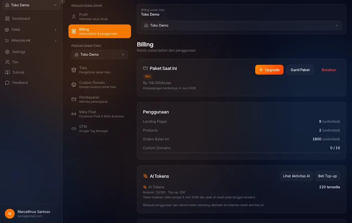 Halaman checkout topup pilihan metode pembayaran tersedia ovo sedang dipilih