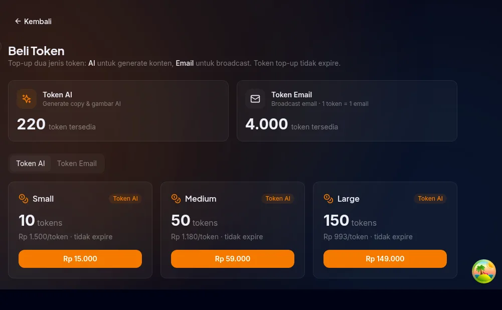 tab Token AI di /settings/billing/topup dengan daftar pack token AI